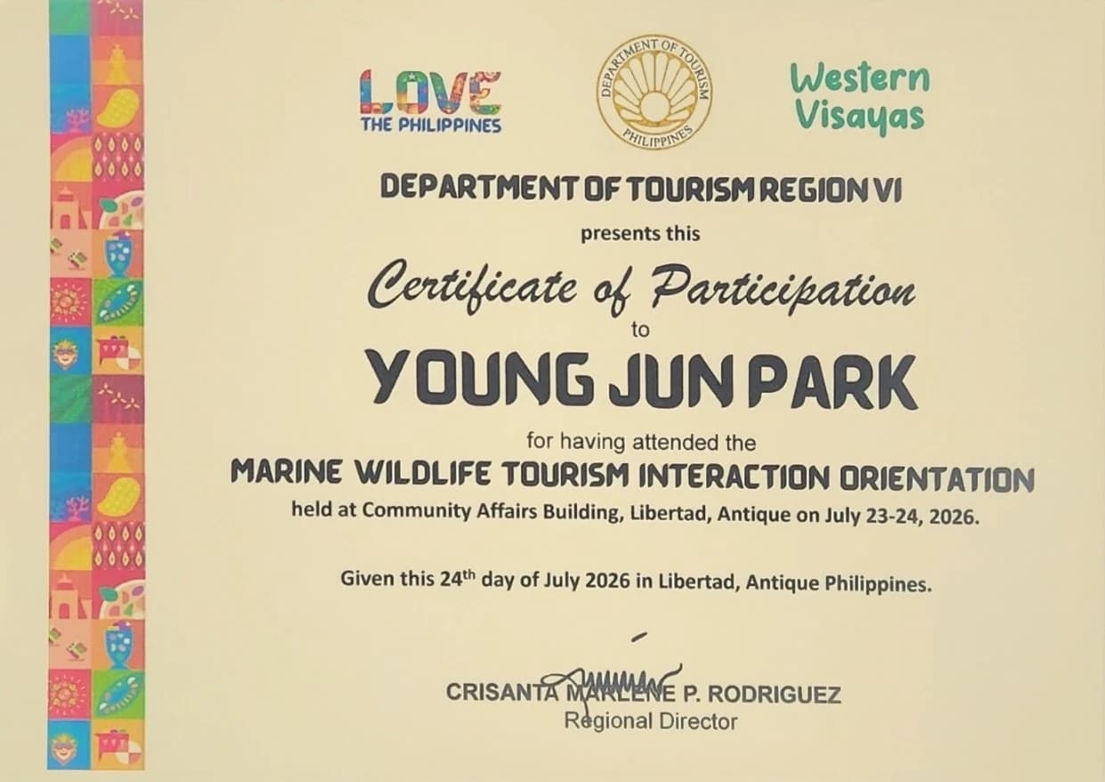 Libertad Whale Shark Watchingのオペレーションマネージャー、Young Jun Park氏は2026年7月23〜24日、アンティケ州リベルタッドでフィリピン観光省第6地方局の海洋野生動物観光交流オリエンテーションに参加しました。
